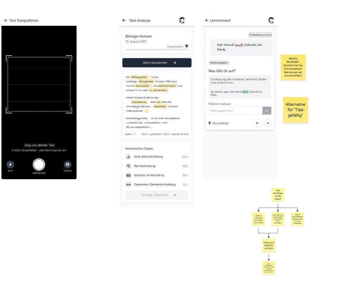Wireframes des Check-in-Flows mit Scan, Text-Analyse und Lernmoment, daneben Anmerkungen aus den Runden