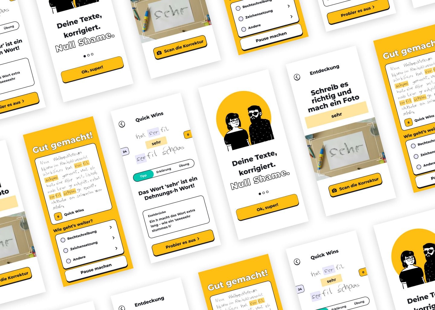 Gestaltete Screens des Clickdummys mit korrigierten Texten, Quick Wins und Belohnungsmomenten