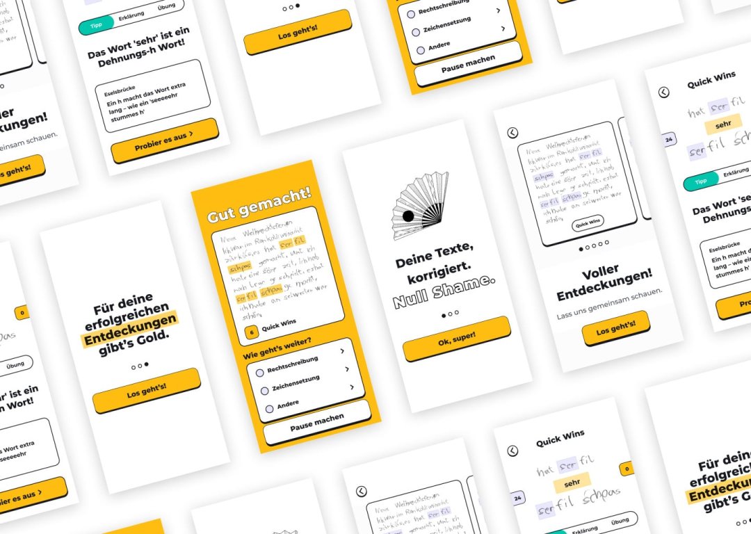 Übersicht der Prototyp-Screens mit Check-in, Übung und Fortschritt