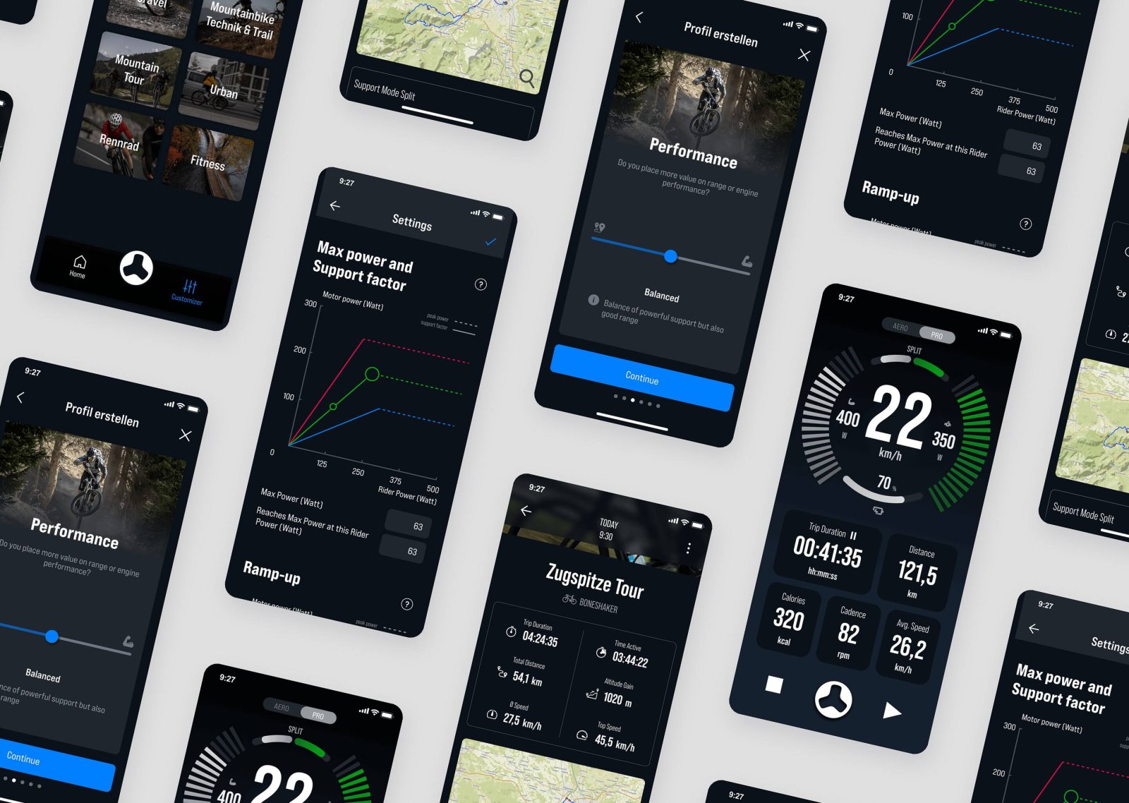 Screens der FAZUA App im Überblick, darunter Ride-Screen, Profile Store, Profil-Fragebogen und Tourenauswertung