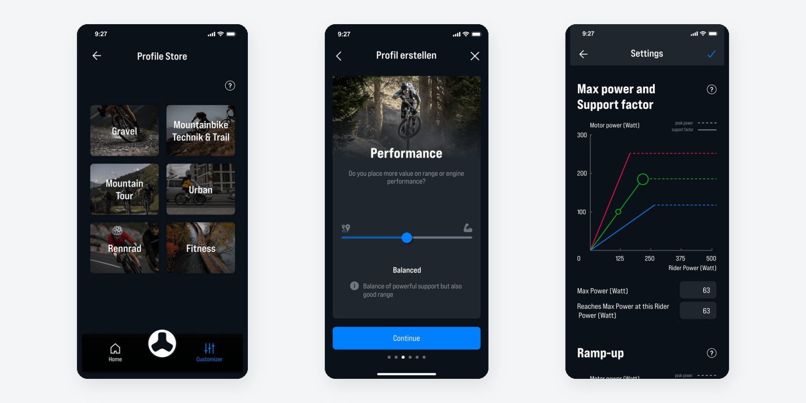 Drei App-Screens nebeneinander: Profile Store mit sechs Fahrprofilen, Fragebogen zur Performance mit Schieberegler, Experteneinstellungen mit Leistungskurven