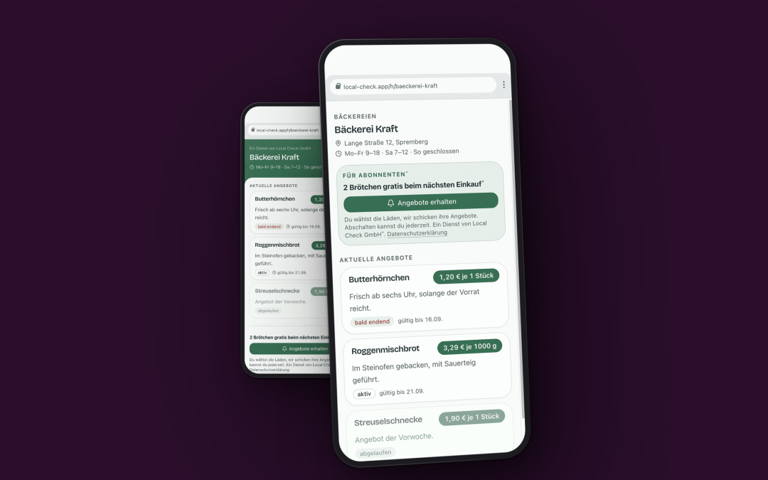 Local-Check als Web-App auf zwei Smartphones: Händlerseite einer Bäckerei mit Angeboten und Abo-Hinweis