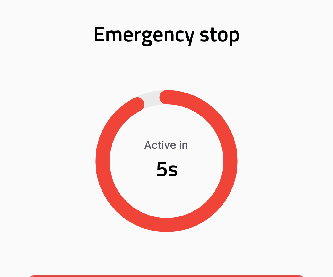 App-Screen Emergency Stop mit Fünf-Sekunden-Countdown