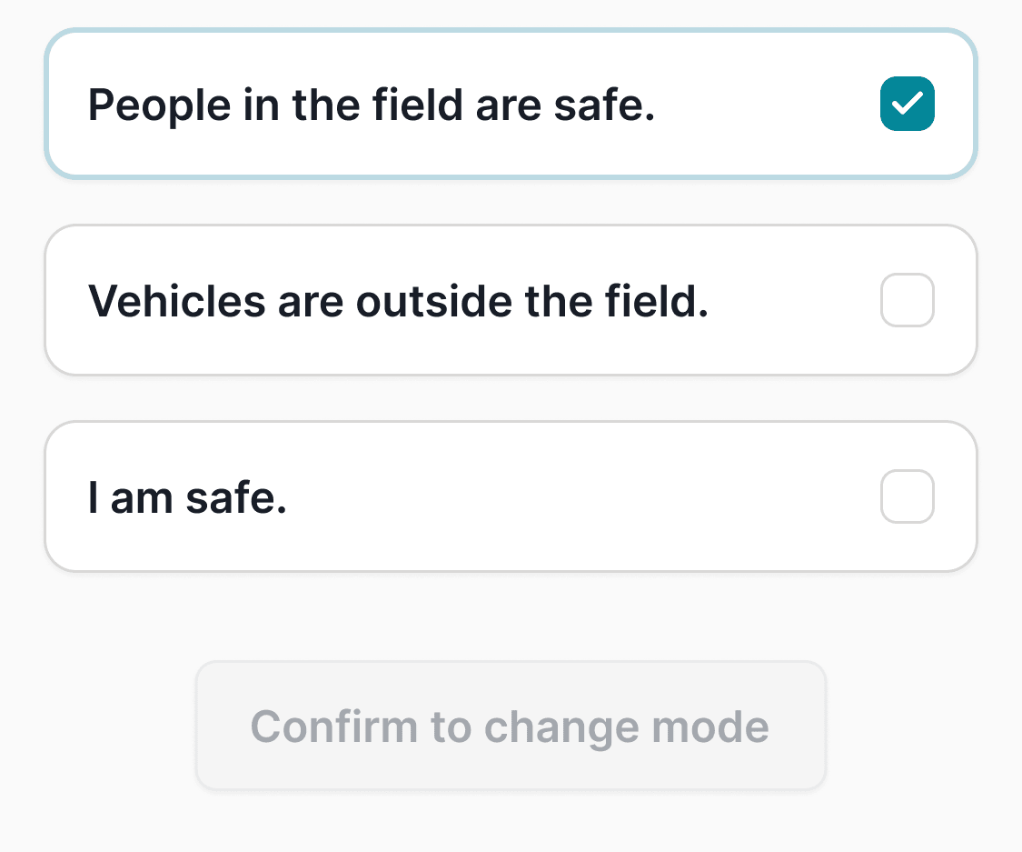App-Screen Safety Checklist mit drei zu bestätigenden Punkten vor dem Moduswechsel